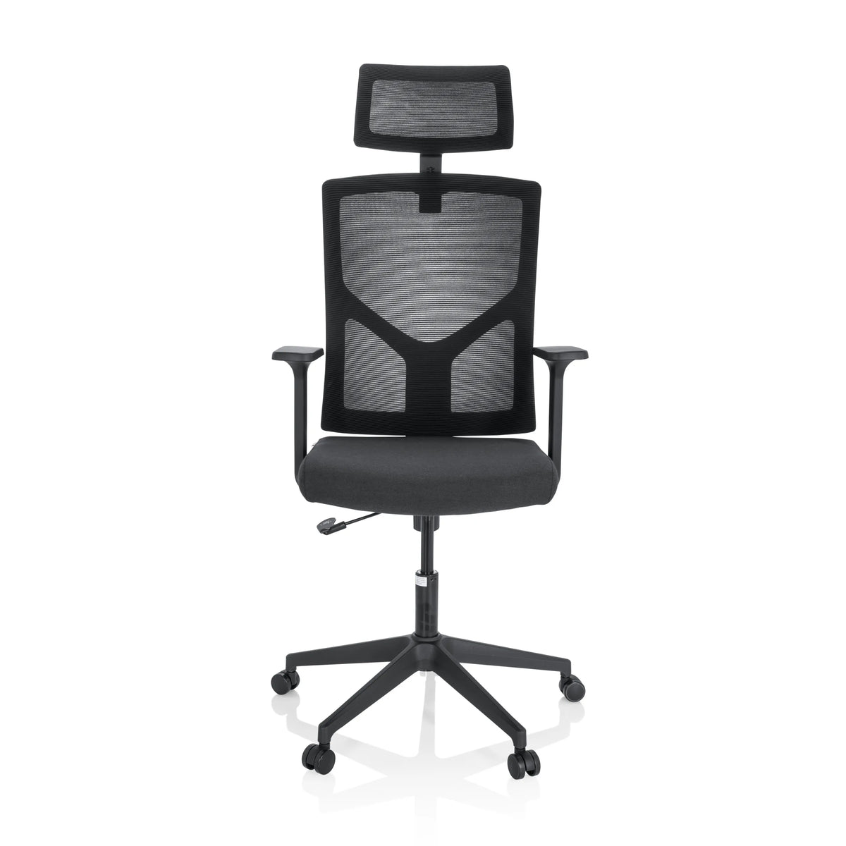 Black Home Office Chair BRETON B with mesh back, headrest and five-caster base by hjh OFFICE – 360-degree view (front view 0°)