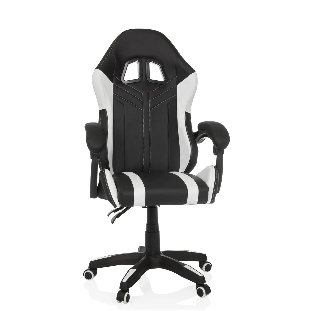 Black and white Gaming chair GAMEBREAKER W02 with a five-caster base by MyBuero – 360-degree view (front view 15°)