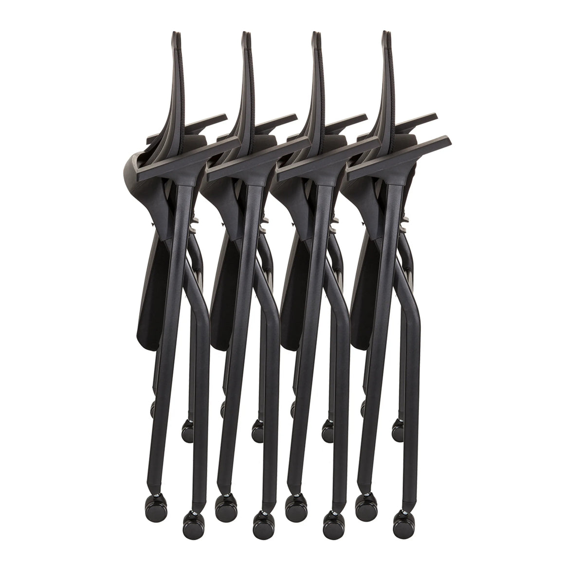 Four black PRIORITY II folding chairs stacked, seen from the side by hjh OFFICE