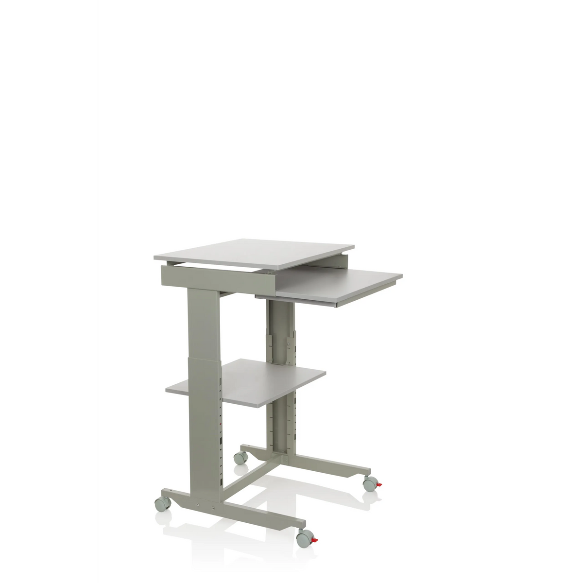 Grey Standing desk WORKSTATION with shelf and four casters by hjh OFFICE – 360-degree view (front three-quarter view 60°)