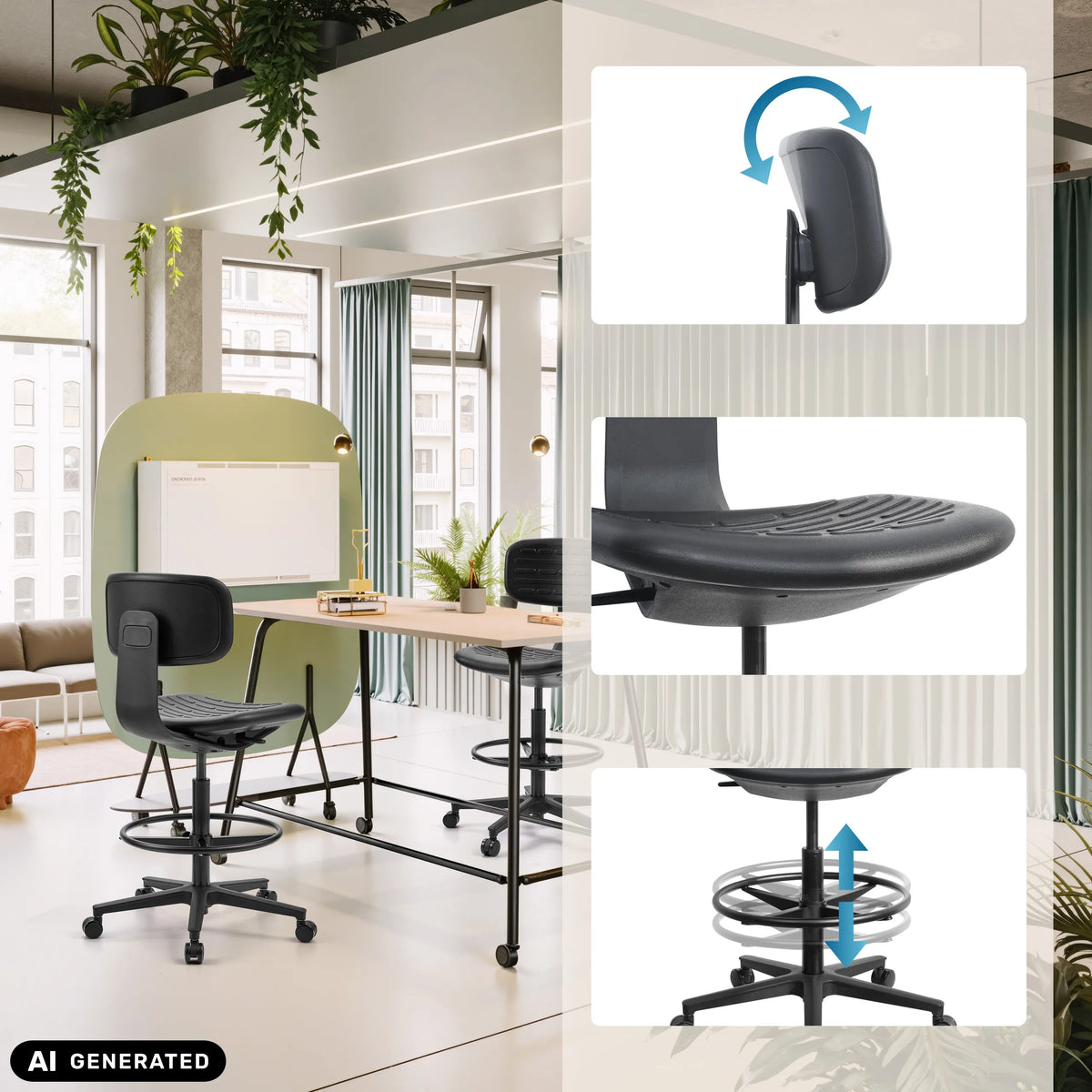 Black TOP WORK B counter chair with foot ring and height adjustment by hjh OFFICE (AI-generated image)