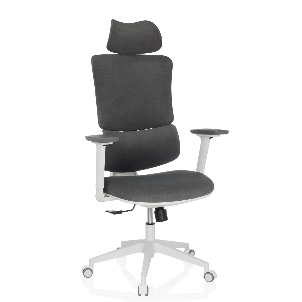 Grey Home Office Chair ERGOMY WF with fabric upholstery, white frame and five-caster base by MyBuero – 360-degree view (front three-quarter view 30°)