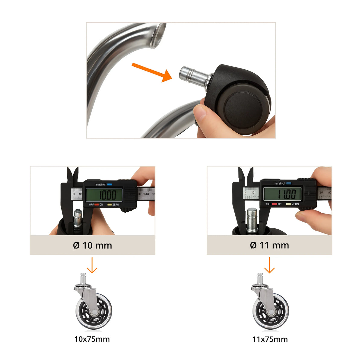 Measuring the pin diameter of 10 mm and 11 mm for 5x ROLO SKATE CT 11mm/75mm castors by hjh OFFICE