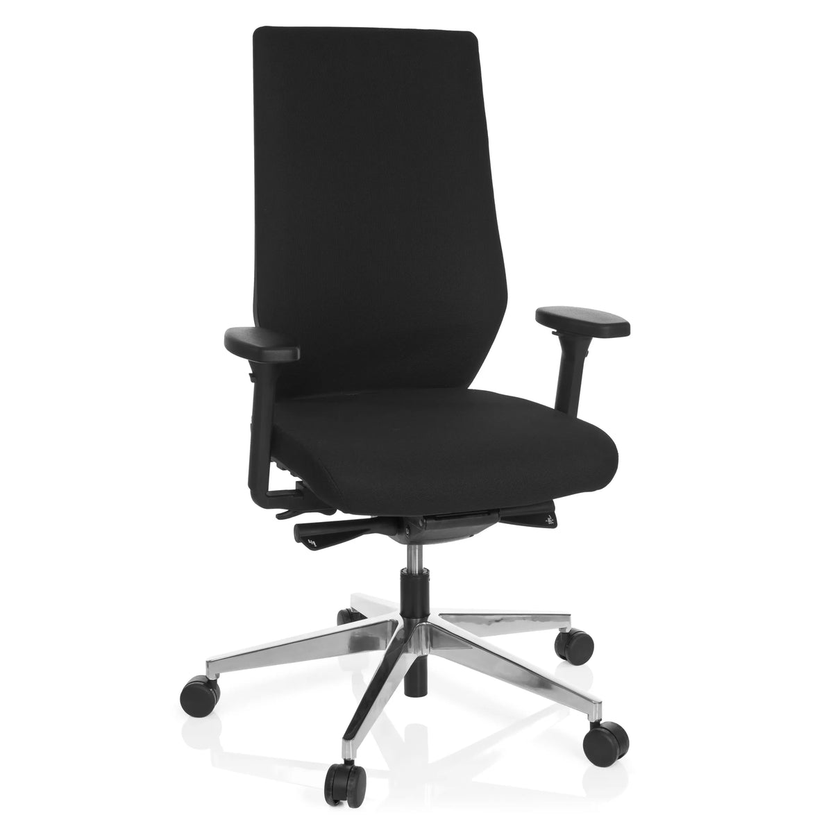 Black Professional Office Chair PRO-TEC 700 with armrests and glossy five-caster base by hjh OFFICE – 360-degree view (front view 20°)