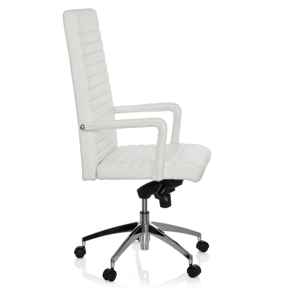 White Professional Executive Chair LENGA with horizontal stitching and five-caster base by hjh OFFICE – 360-degree view (side profile 80°)