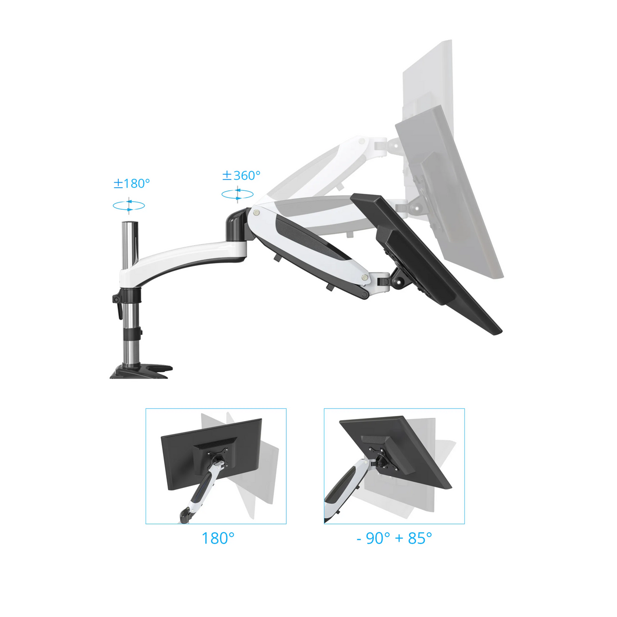Adjustment mechanisms of the VM-MG1 monitor mount with rotation and tilt details in degrees by hjh OFFICE