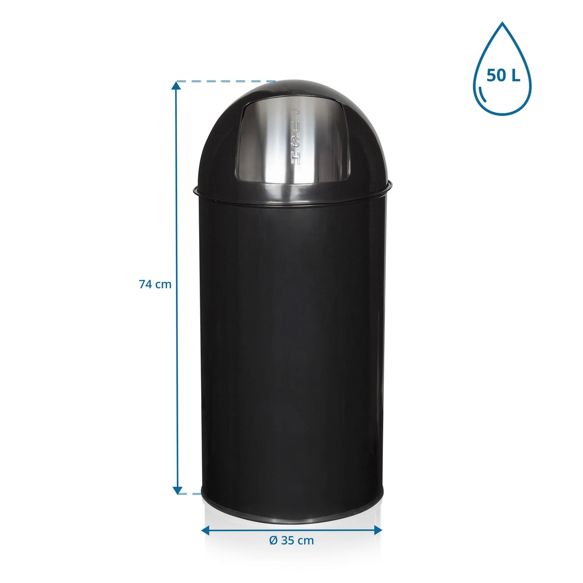 Maßansicht des Mülleimers PUSH 50L mit einer Höhe von 74 cm und einem Durchmesser von 35 cm von hjh OFFICE