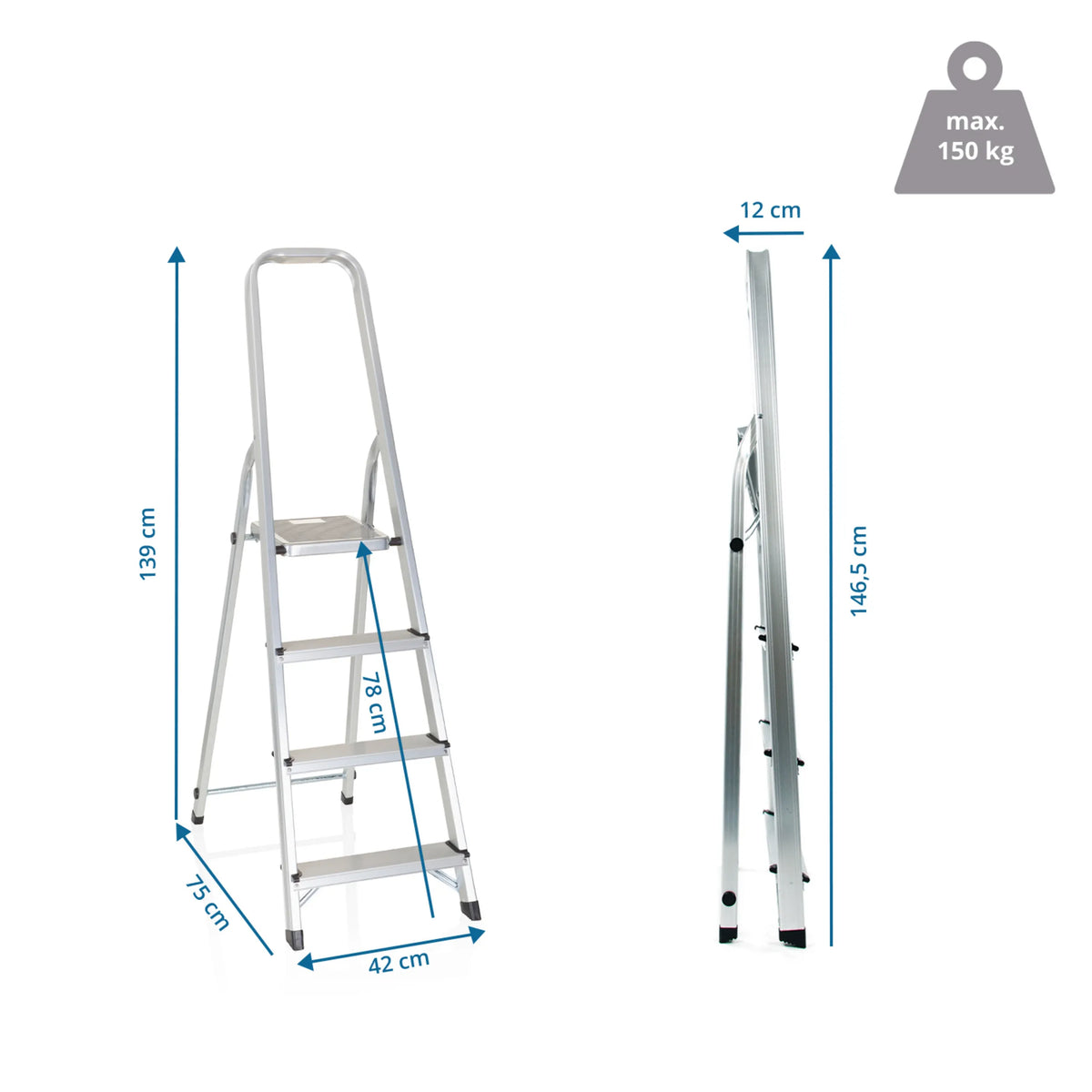 Dimensional drawing of the Folding Ladder SOLID II with a height of 139 cm and a load capacity of 150 kg by hjh OFFICE