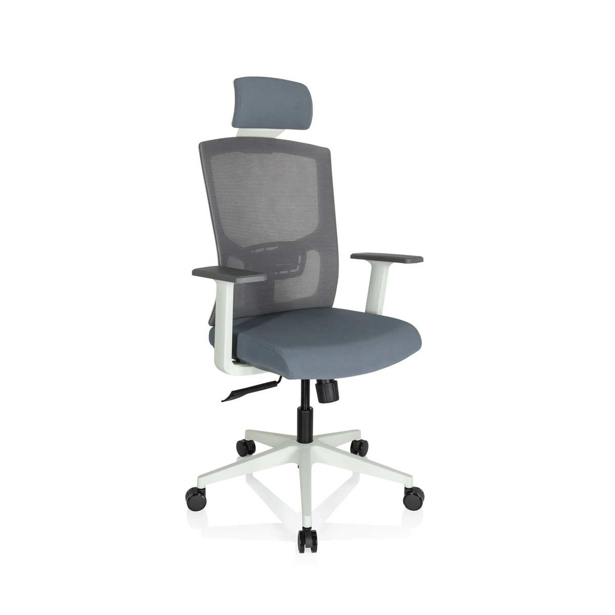 Grey Professional Office Chair CAPTIVO BASE W with mesh back, headrest and white five-caster base by hjh OFFICE – 360-degree view (front three-quarter view 40°)