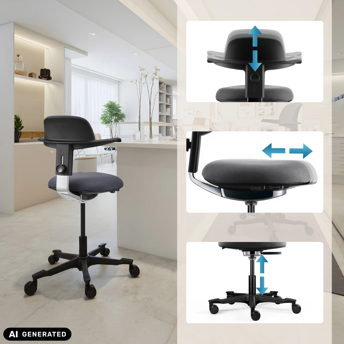 Height-adjustable backrest, seat and gas spring of the WORK 40 work chair by hjh OFFICE (AI-generated image)