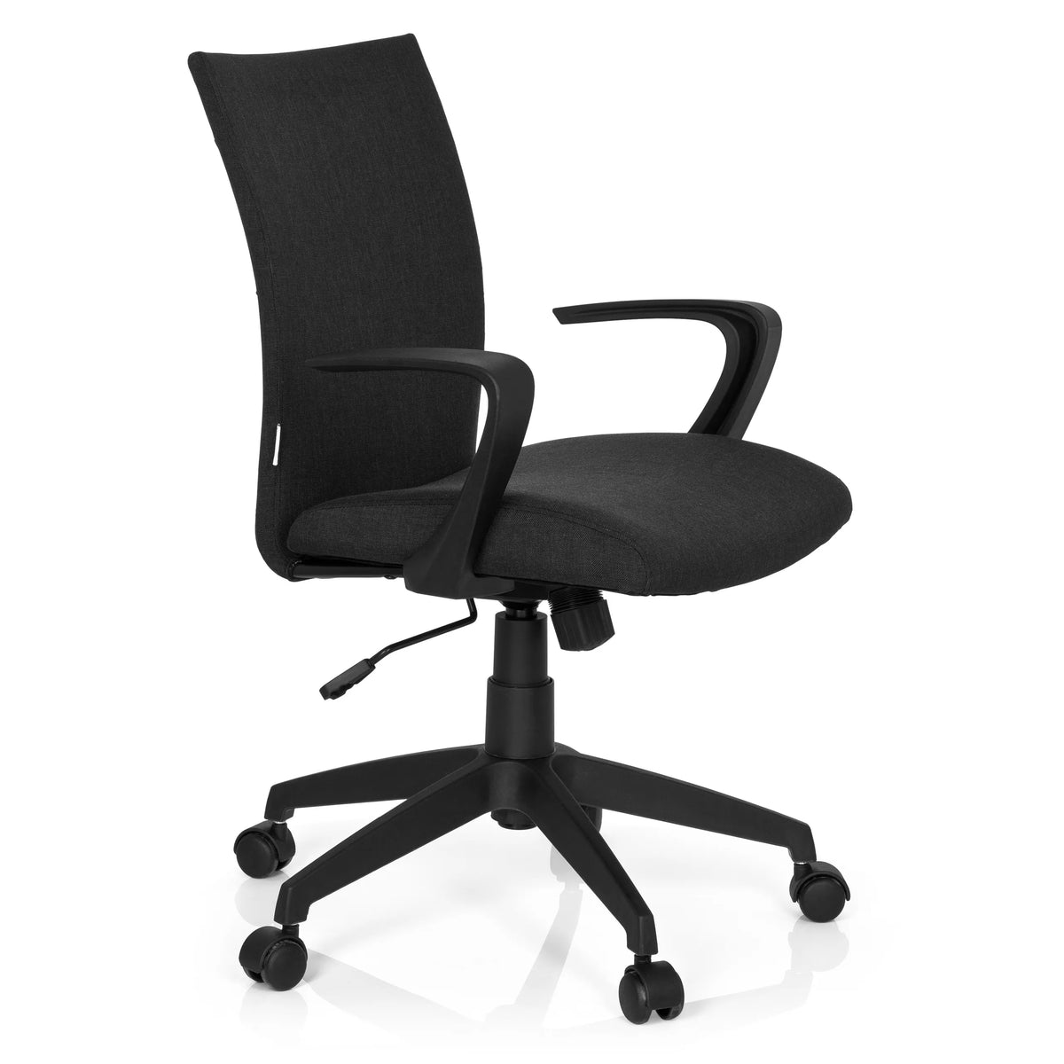 Black Home Office Chair SOFT with armrests and five-caster base by hjh OFFICE – 360-degree view (front three-quarter view 60°)