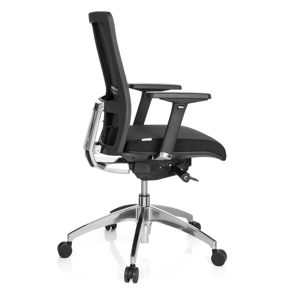 Black Professional Office Chair ASTRA BASE N with mesh back and glossy five-caster base by hjh OFFICE – 360-degree view (side profile 100°)