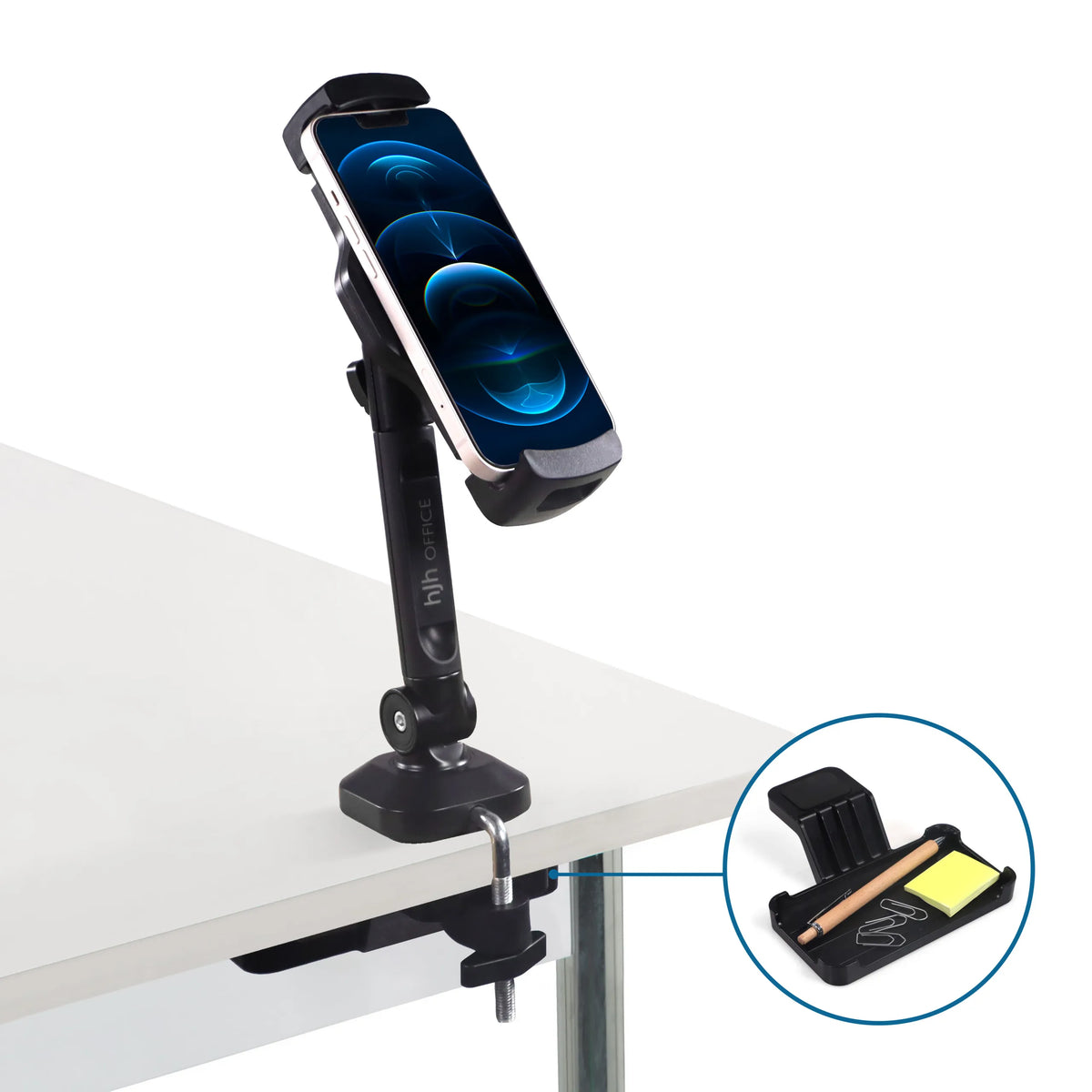 Desk clamp with integrated tray for pens and notes for the Mobile phone & tablet holder FLEXMOBI III by hjh OFFICE