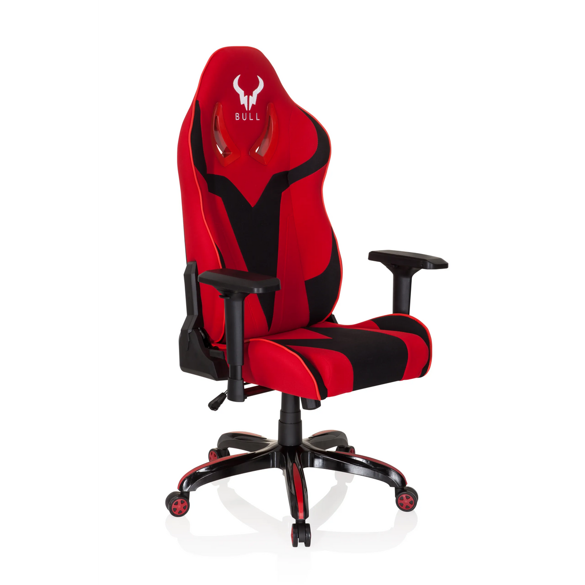 Red and black Gaming chair PROMOTER II with armrests and five-caster base by hjh OFFICE – 360-degree view (front three-quarter view 40°)