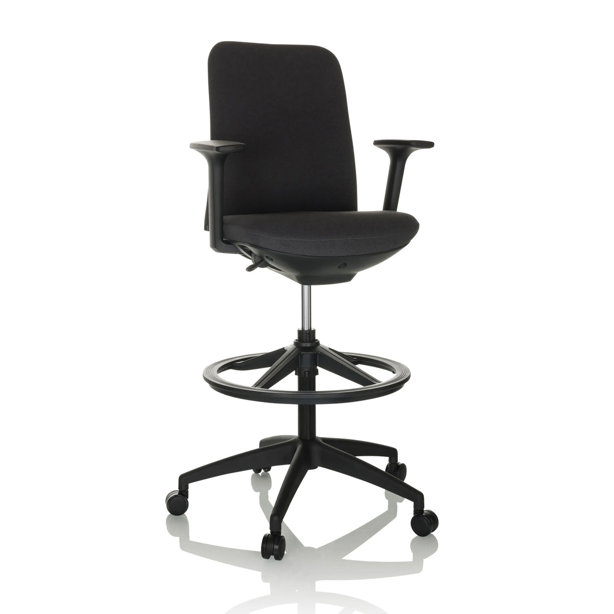 Black Counter chair NESTORA WORK with armrests, foot ring and five-caster base by hjh OFFICE – 360-degree view (front view 15°)