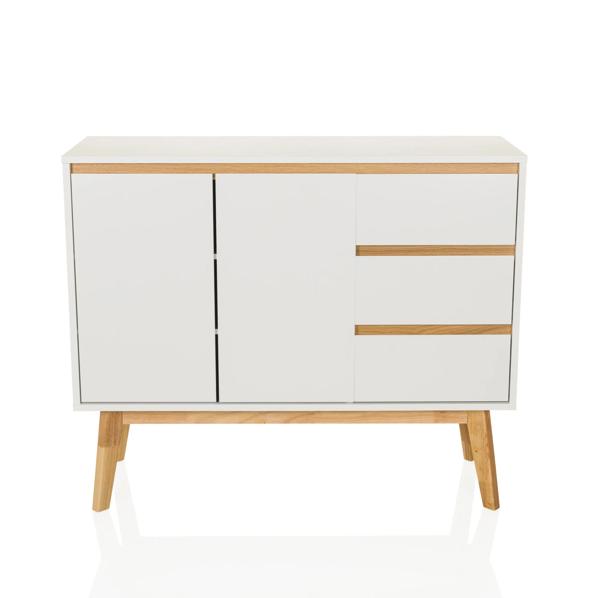 White Sideboard TAROLO I with three drawers, two doors and wooden legs by hjh LIVING – 360-degree view (front view 0°)