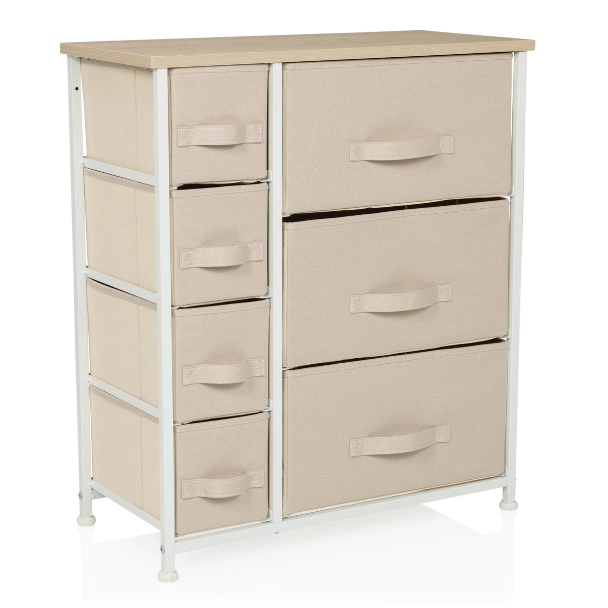 Beige Chest of drawers FOLDRESS B with seven fabric drawers and white frame by hjh LIVING – 360-degree view (front three-quarter view 30°)