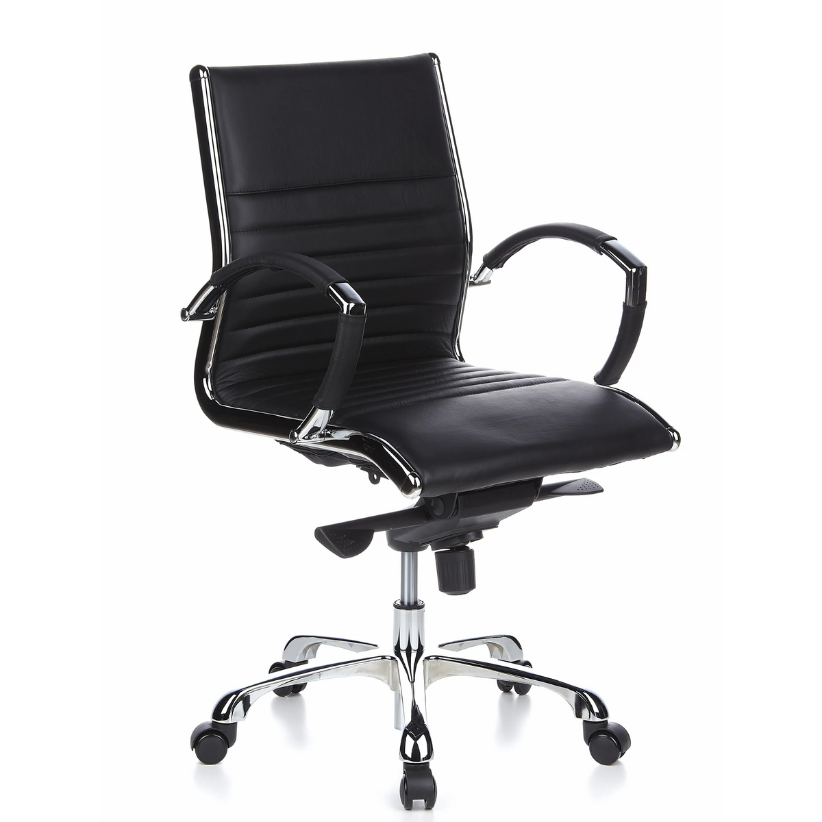 Black Professional Executive Chair PARMA 10 with cross stitching and glossy five-caster base by hjh OFFICE – 360-degree view (front three-quarter view 40°)