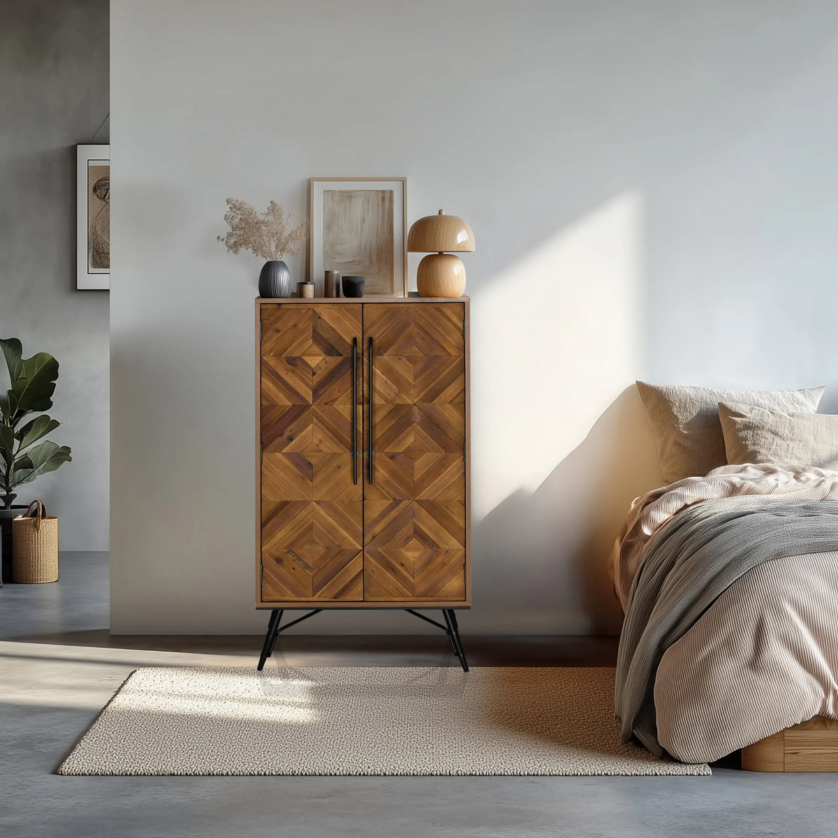 Chest of drawers SANTJAGO WOOD HIGH in dark brown wood with geometric pattern and black metal feet by hjh LIVING