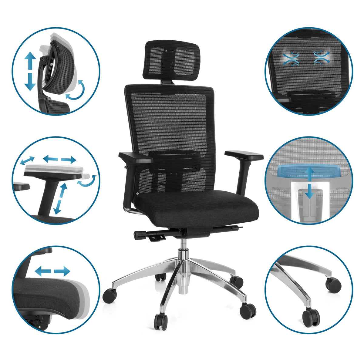 Professional Office Chair ASTRA LUX in black with mesh back and various adjustment options by hjh OFFICE