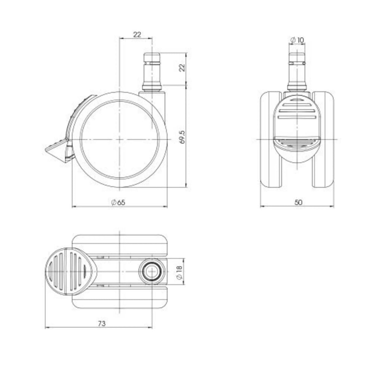 Technical drawing of the Castors 5x ROLO STOP 10mm/65mm with a diameter of 65 mm by hjh OFFICE