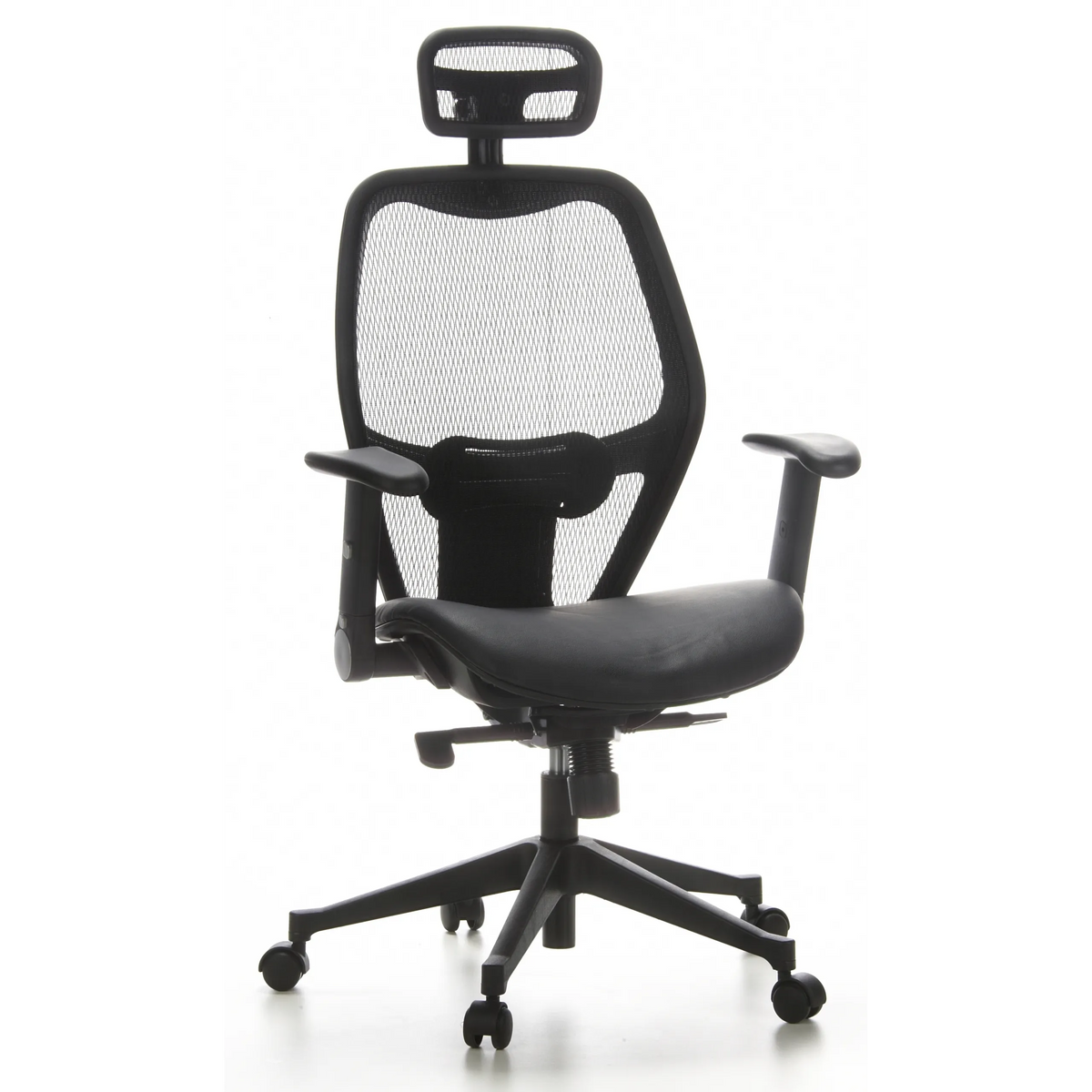 Black Professional Office ChAIR-PORT with mesh back, leather seat and five-caster base by hjh OFFICE – 360-degree view (front view 20°)