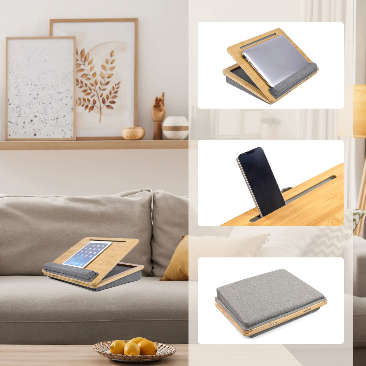 COMFILAP III Laptop Pad made of brown wood with grey cushioning and smartphone holder by hjh OFFICE
