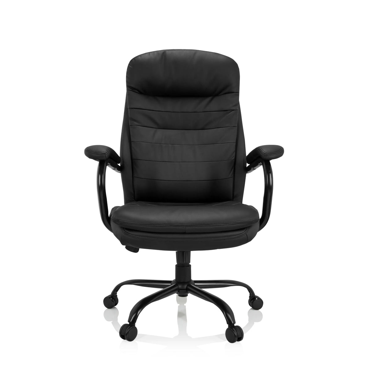 Black Swivel Chair RELAX XXL B made of faux leather with star base and five castors by hjh OFFICE – 360-degree view (front view 0°)