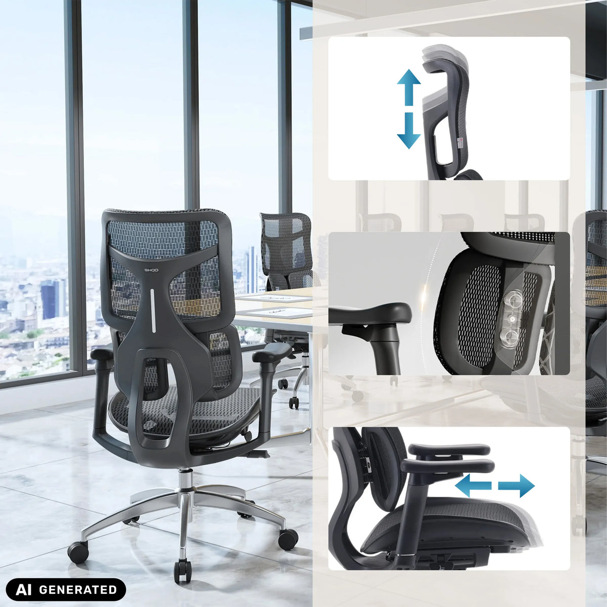 Height-adjustable headrest and armrests of the S100-M301 Professional Office Chair in black by Sihoo (AI-generated image)