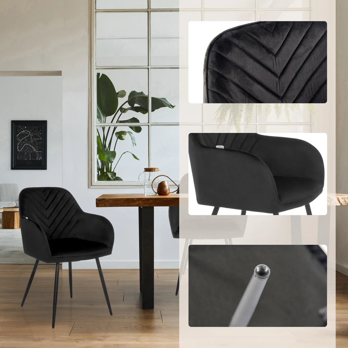 Black Dining chair CHARVELLE with quilting details and slim legs by hjh LIVING