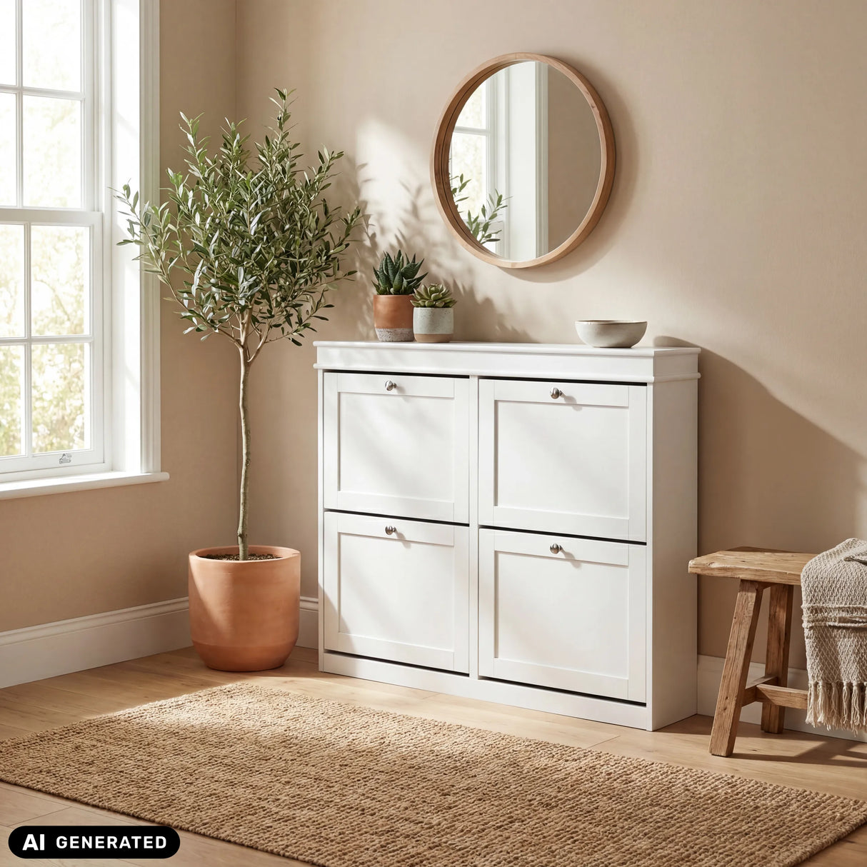 White Estha 40 shoe cabinet with four drop-down compartments and round knobs by hjh LIVING (AI-generated image)