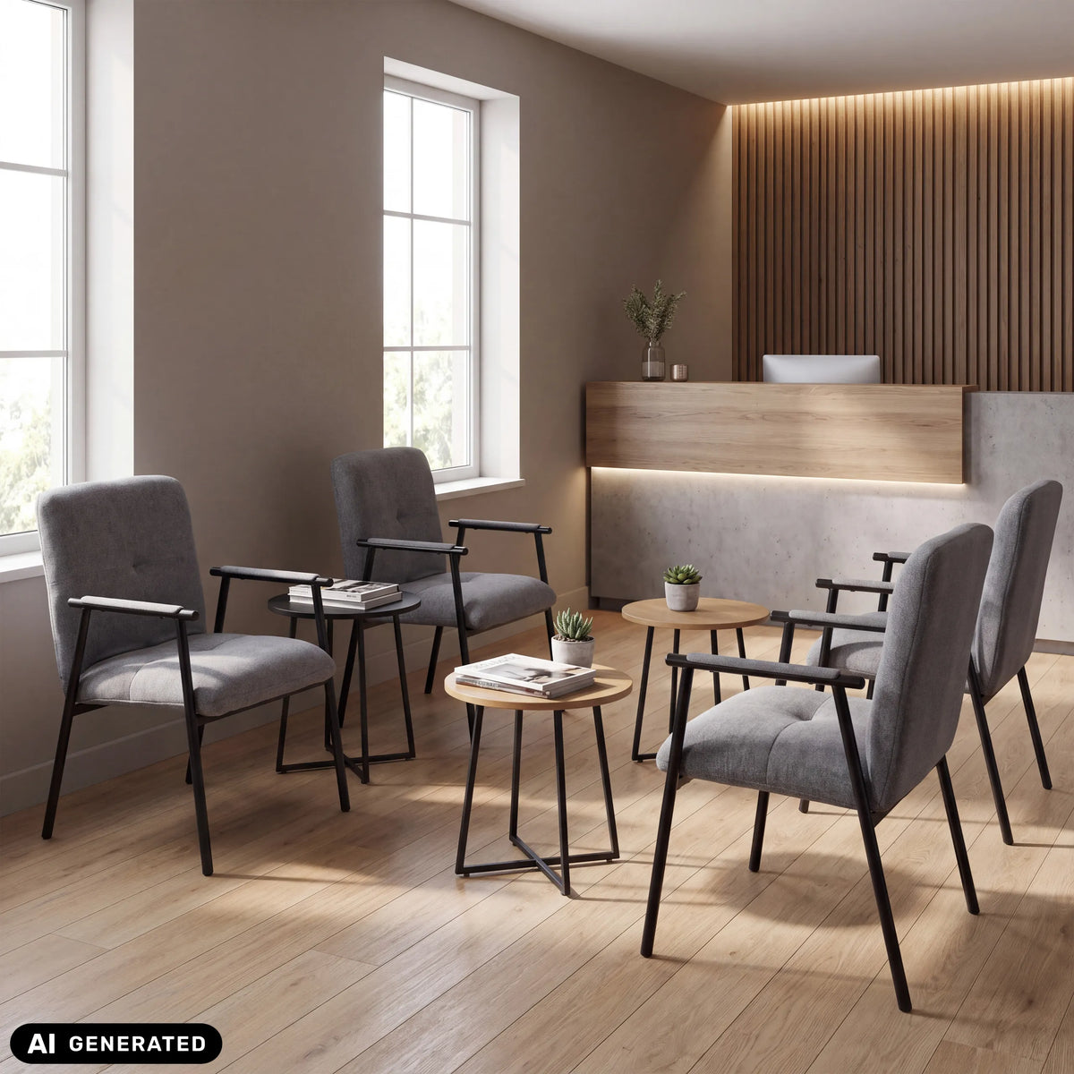 Grey Lifea Flex upholstered chairs with armrests in a waiting area by hjh LIVING (AI-generated image)