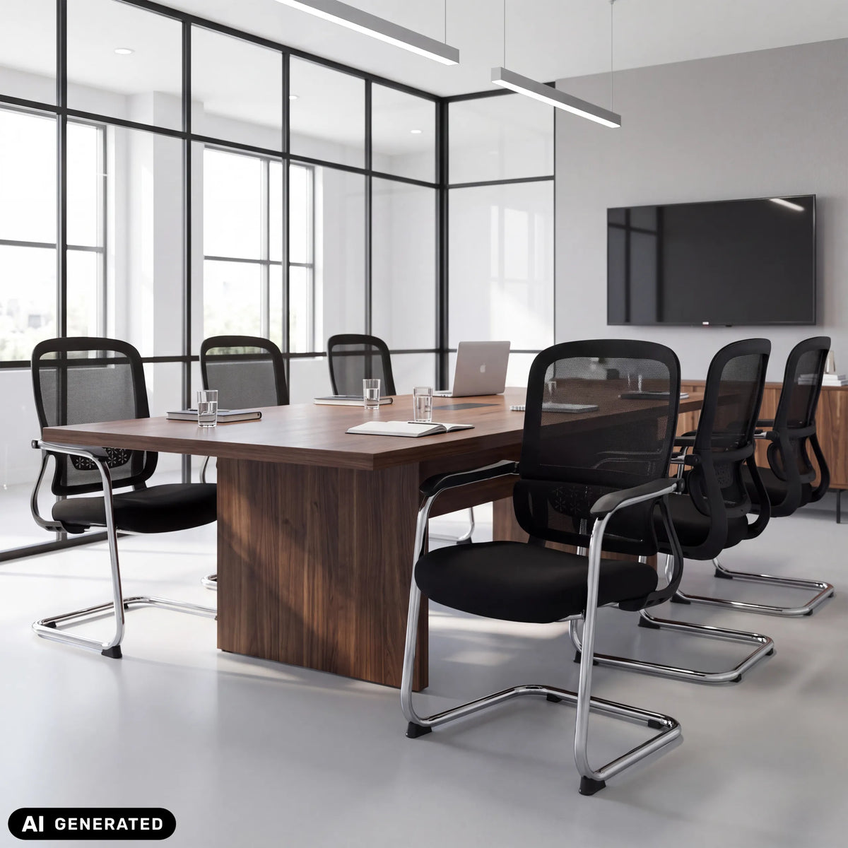 Black Ergomy Meet cantilever chairs at a conference table by hjh OFFICE (AI-generated image)