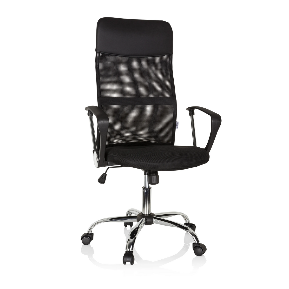 Schwarzer Homeoffice-Chefsessel PURE NET mit Netzrücken und Fußkreuz mit fünf Rollen von hjh OFFICE – 360-Grad-Ansicht (Frontansicht 20°)
