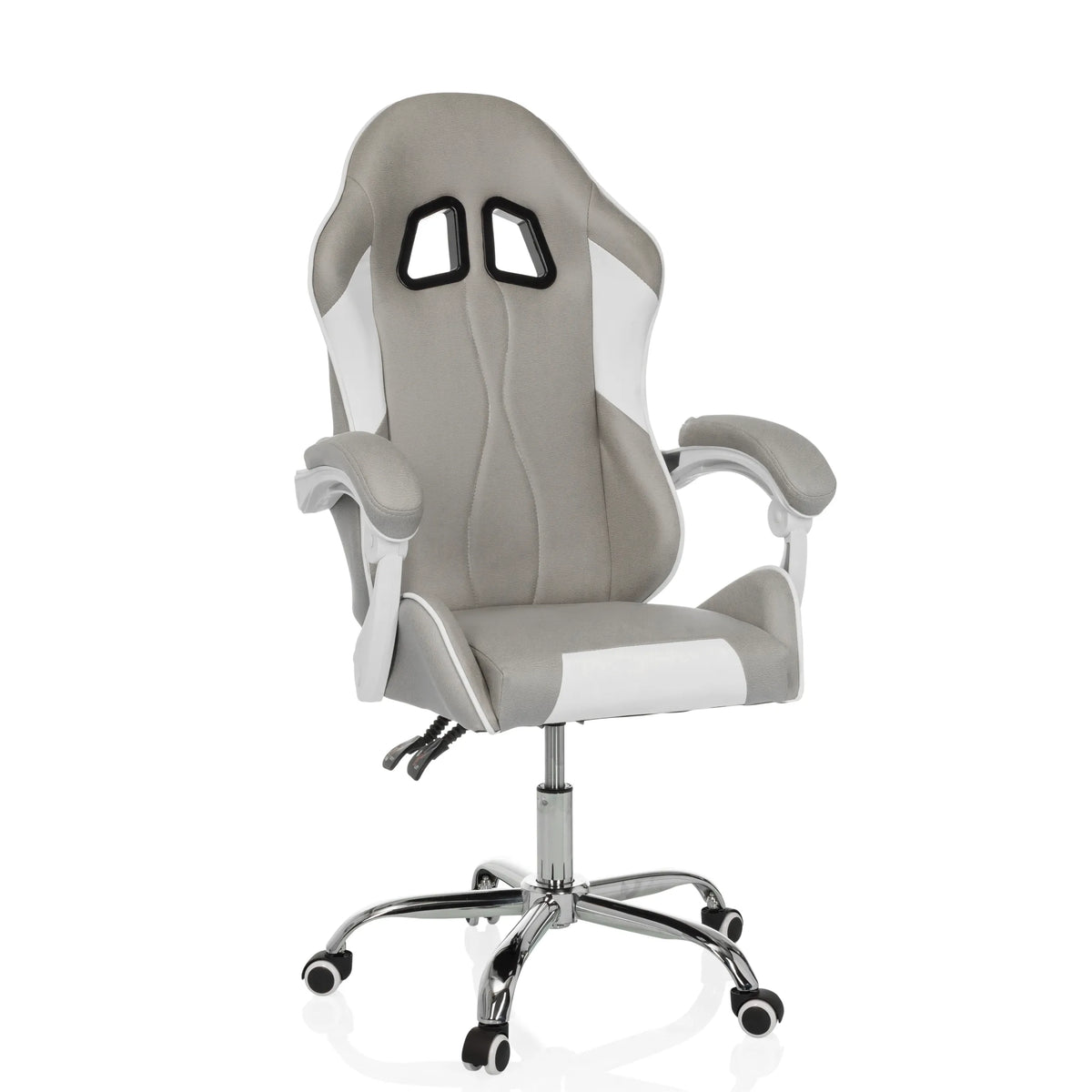 Grey and white Gaming chair GAMEBREAKER W03 with two headrest openings and a five-caster base by MyBuero – 360-degree view (front view 15°)