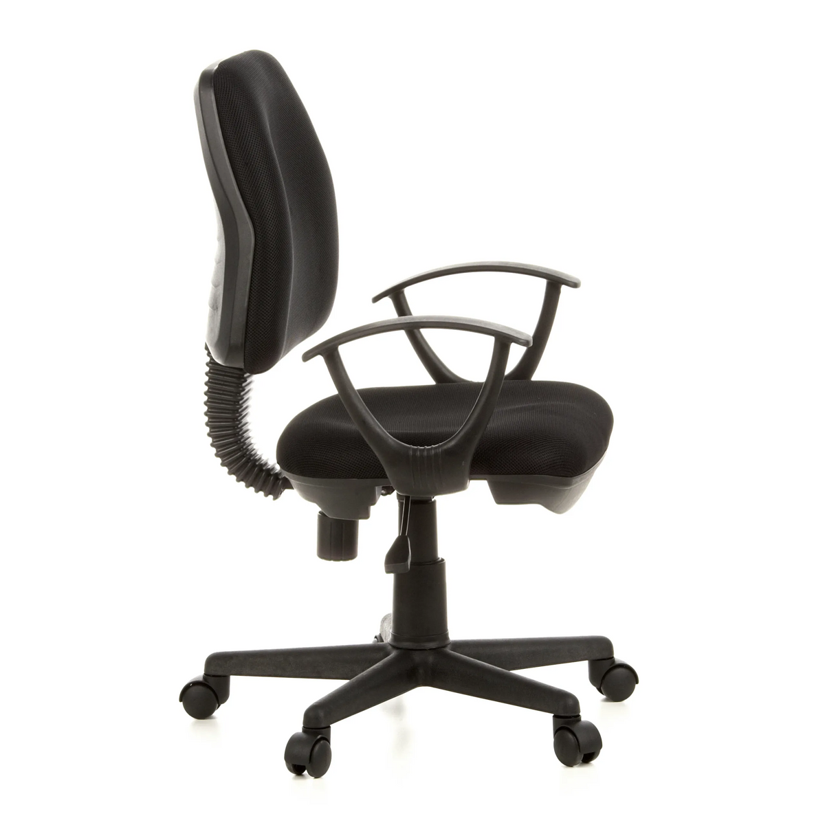 Black Home Office Chair CITY 10 with mesh back, armrests and five-caster base by hjh OFFICE – 360-degree view (side profile 80°)