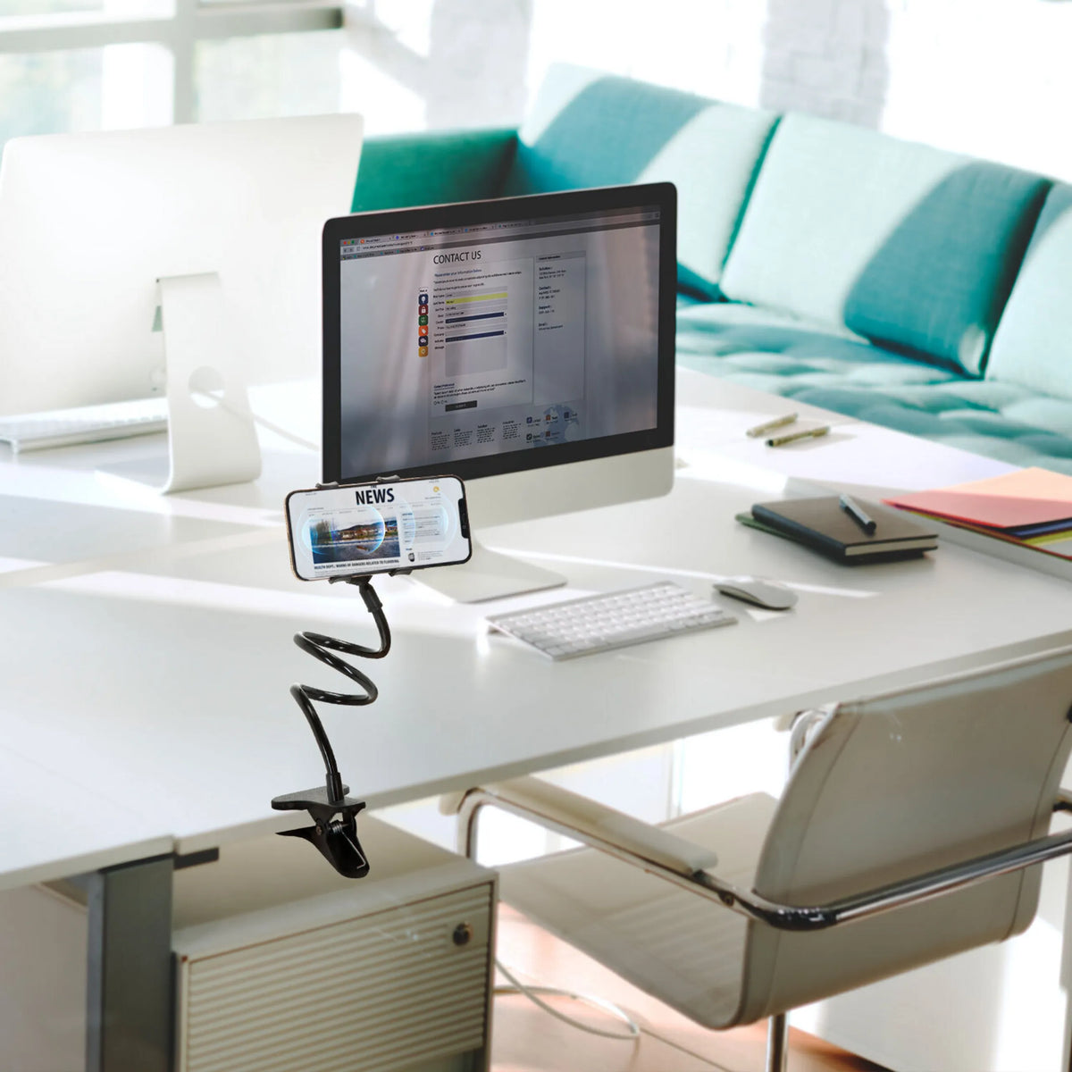 Black Mobile phone & tablet holder FLEXMOBI with flexible gooseneck and table clamp by hjh OFFICE
