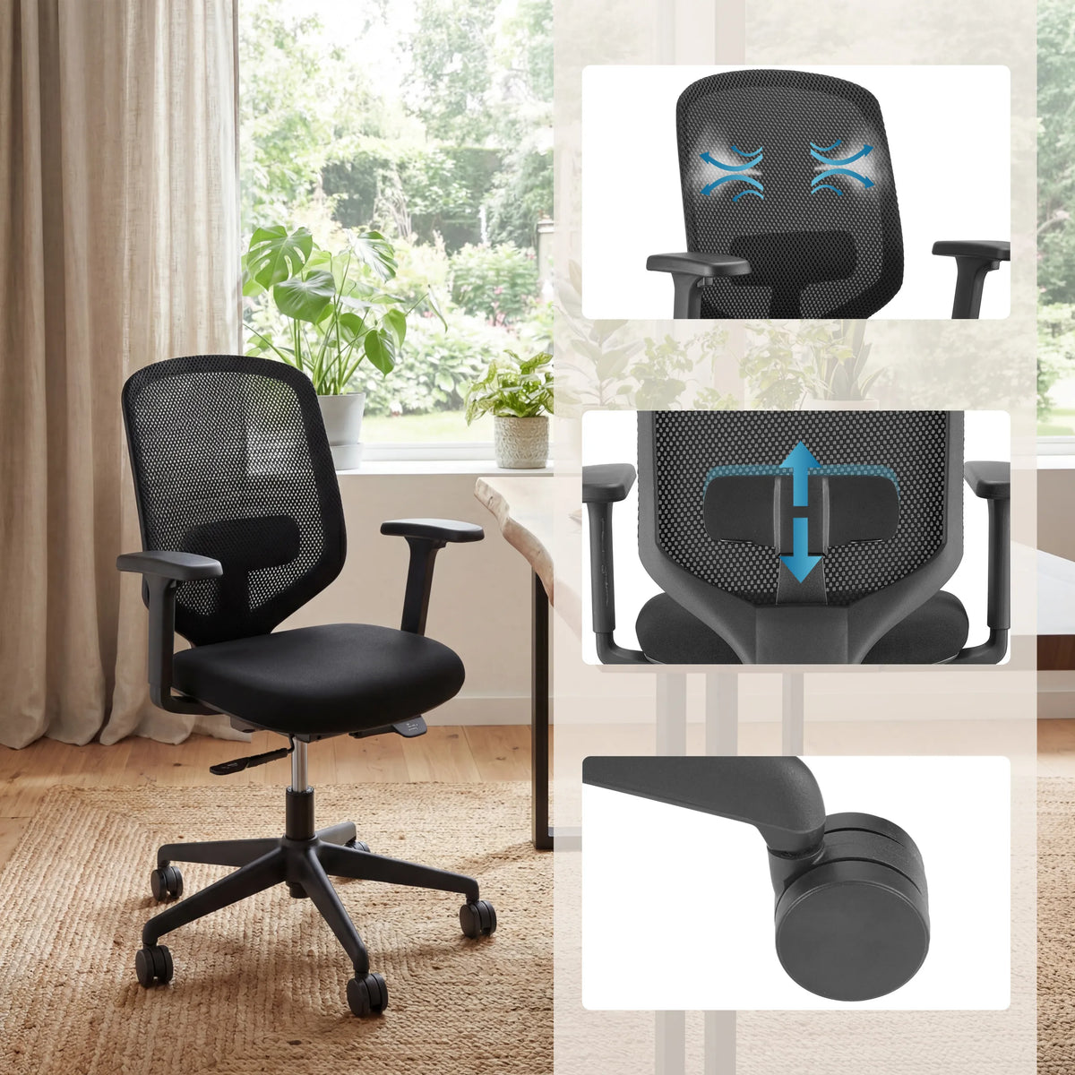 Professional Office Chair Delvia in black with mesh backrest and adjustable armrests by hjh OFFICE