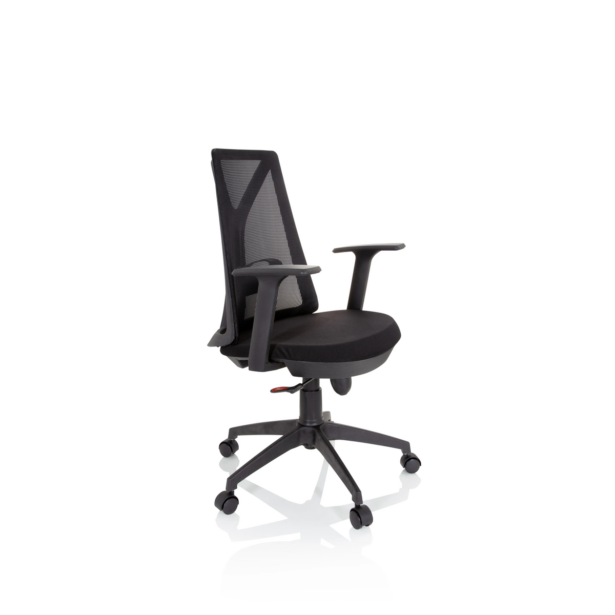 Schwarzer Homeoffice-Bürostuhl FALUN BASIC mit Netzrücken und Fußkreuz mit fünf Rollen von hjh OFFICE – 360-Grad-Ansicht (schräge Frontansicht 60°)