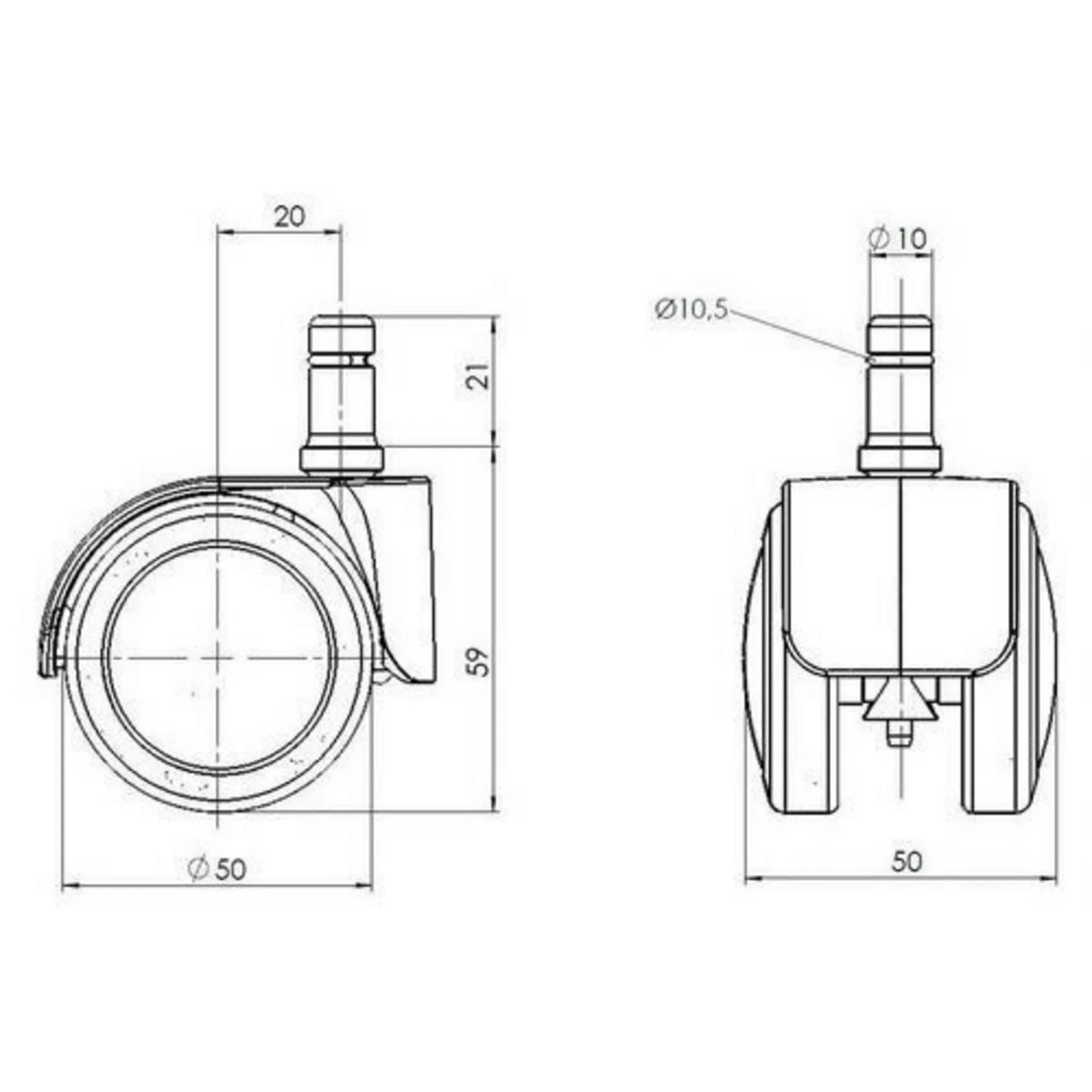 Technische Zeichnung der Stuhlrolle 5x ROLO LUX 10mm/50mm mit einem Durchmesser von 50 mm von hjh OFFICE