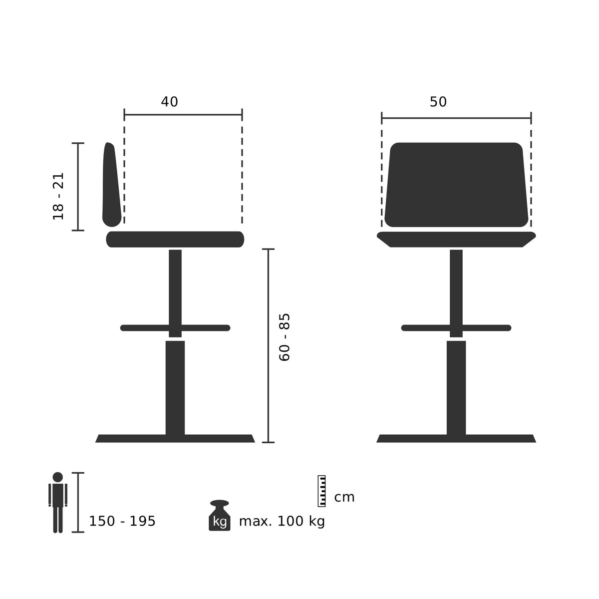 Technical drawing of the Counter chair WORK MF with a seat height of 60 to 85 cm by hjh OFFICE
