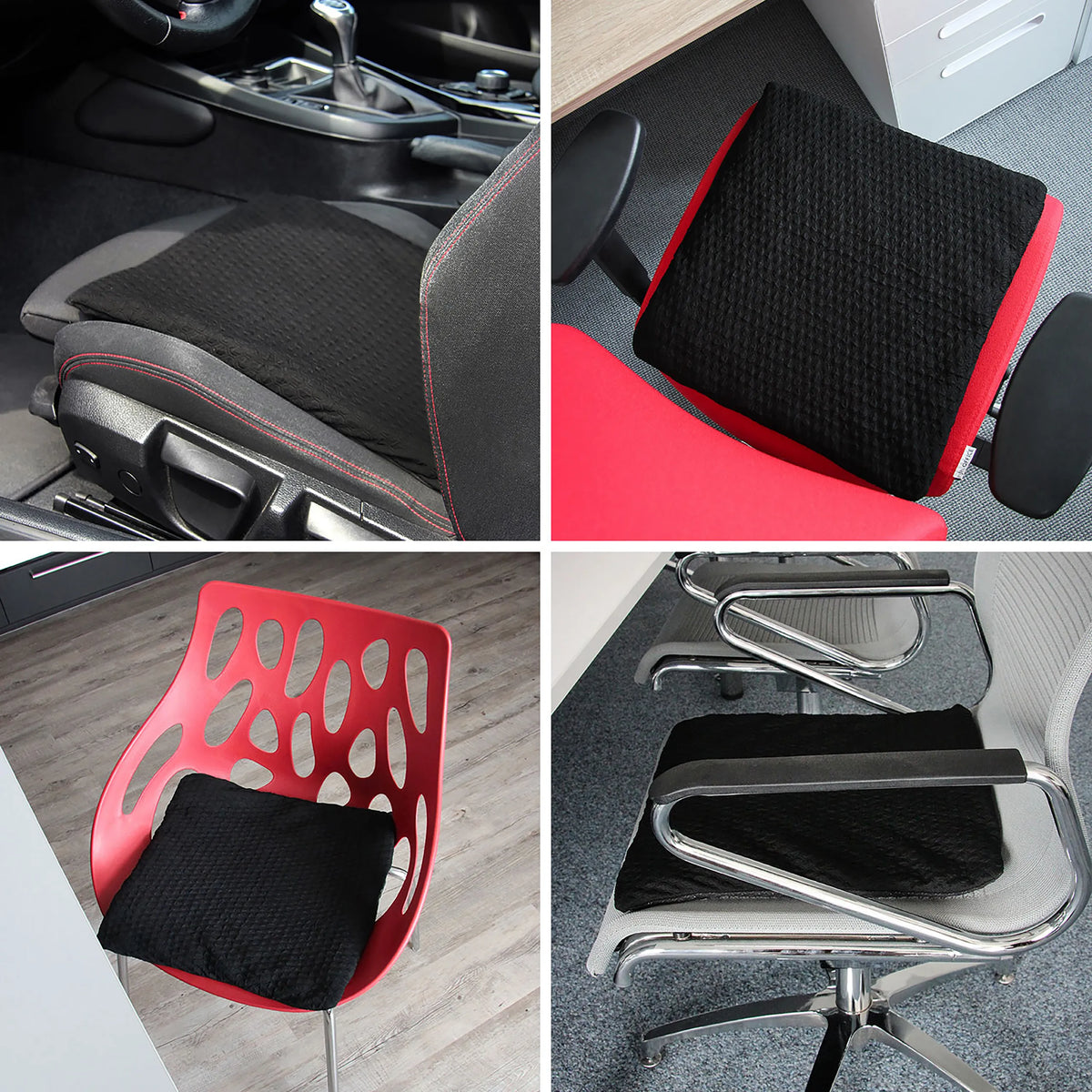 Black Seat Cushion MEDISIT I in various application situations on chairs and a car seat by hjh OFFICE