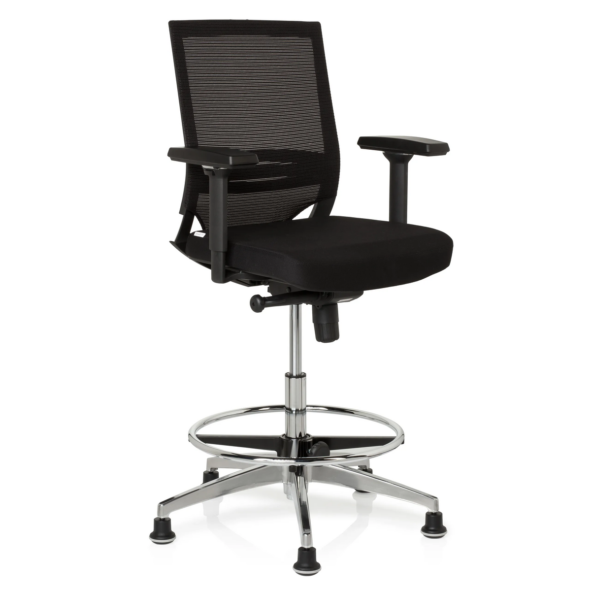 Black Counter chair TOP WORK 77 with mesh back, foot ring and five glides by hjh OFFICE – 360-degree view (front three-quarter view 40°)