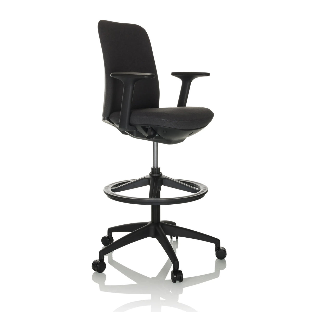 Black Counter chair NESTORA WORK with armrests, foot ring and five-caster base by hjh OFFICE – 360-degree view (front three-quarter view 45°)