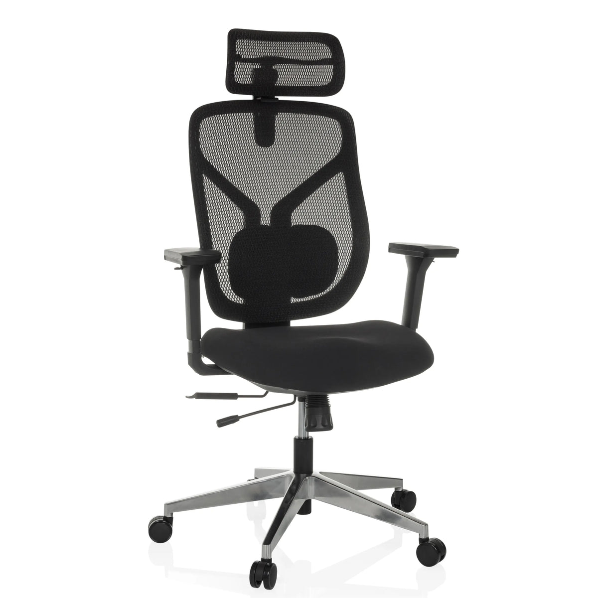 Black High End Office Chair CASSILIS B with mesh back and five-caster base by hjh OFFICE – 360-degree view (front view 15°)