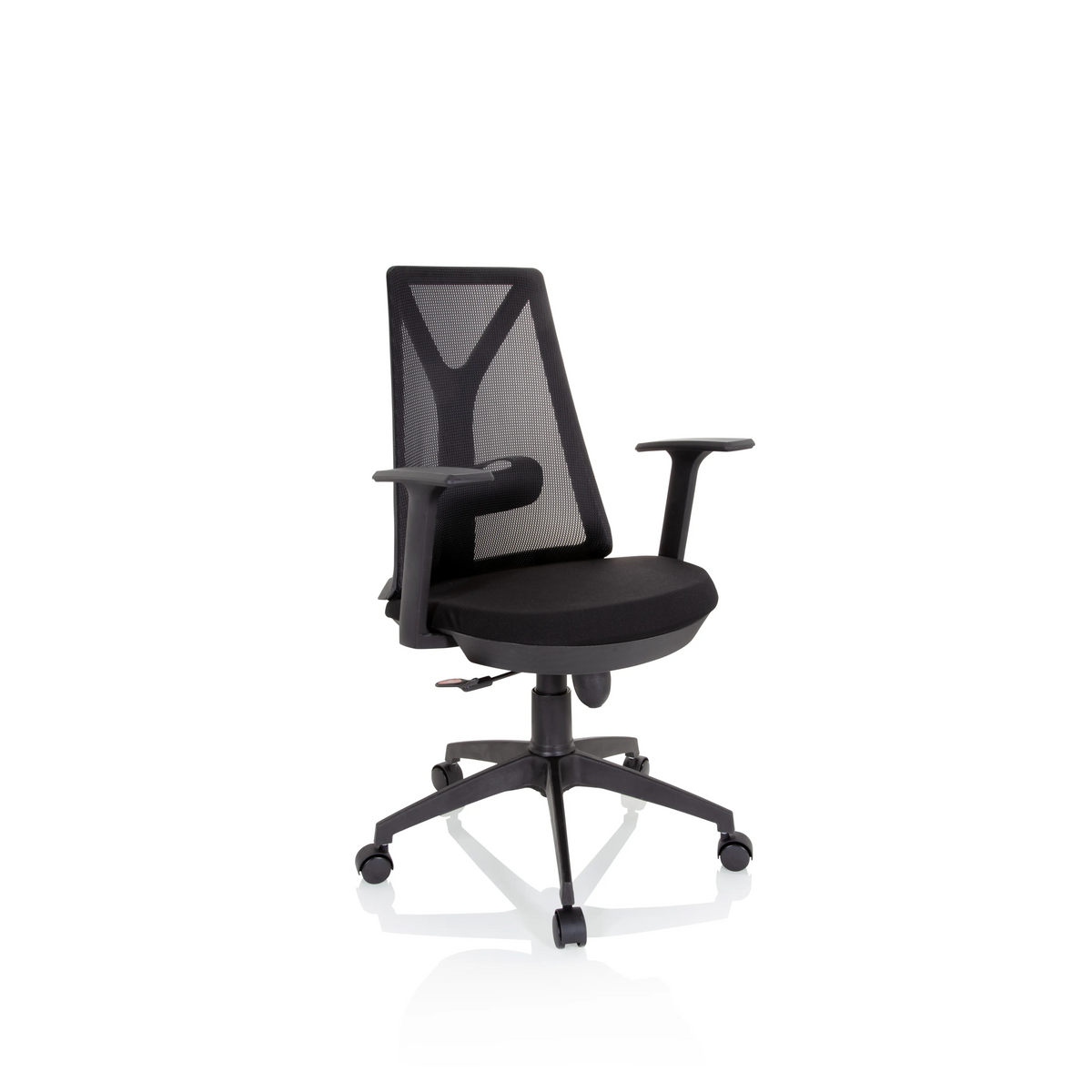 Schwarzer Homeoffice-Bürostuhl FALUN BASIC mit Netzrücken und Fußkreuz mit fünf Rollen von hjh OFFICE – 360-Grad-Ansicht (schräge Frontansicht 40°)