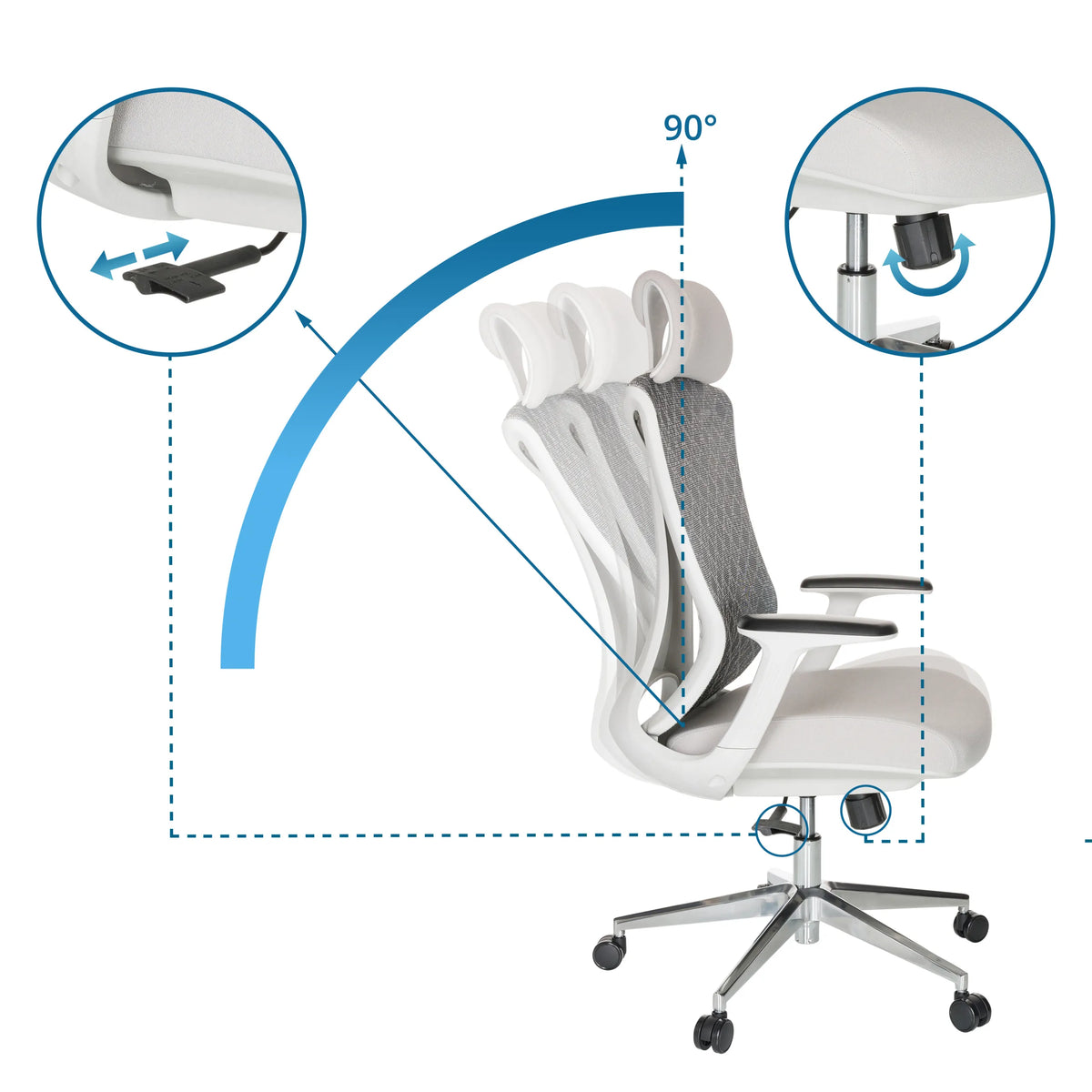 Adjustment mechanisms and 90 degree backrest recline of the Professional Office Chair FALEO W by hjh OFFICE