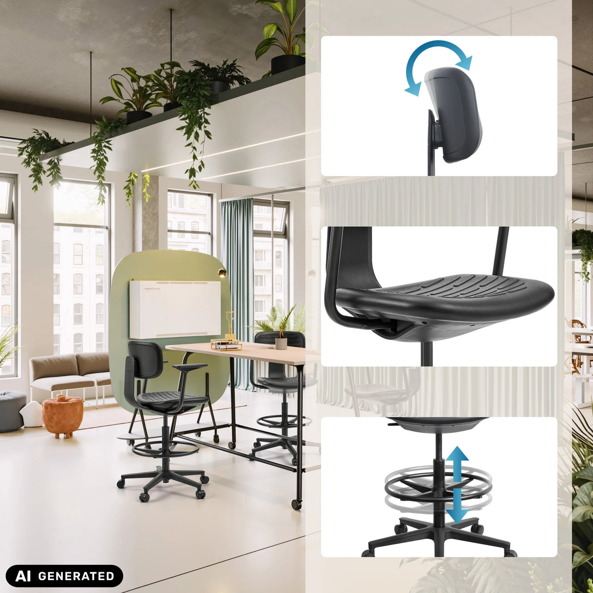 Functional details of the TOP WORK B1 counter chair with footrest and adjustable height by hjh OFFICE (AI-generated image)