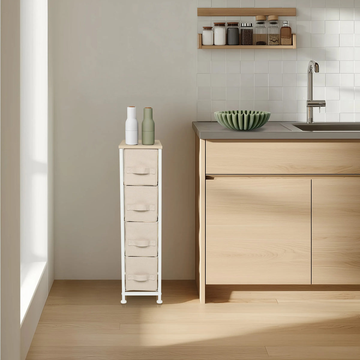 Beige Chest of drawers FOLDRESS S with four fabric drawers and a white frame by hjh LIVING