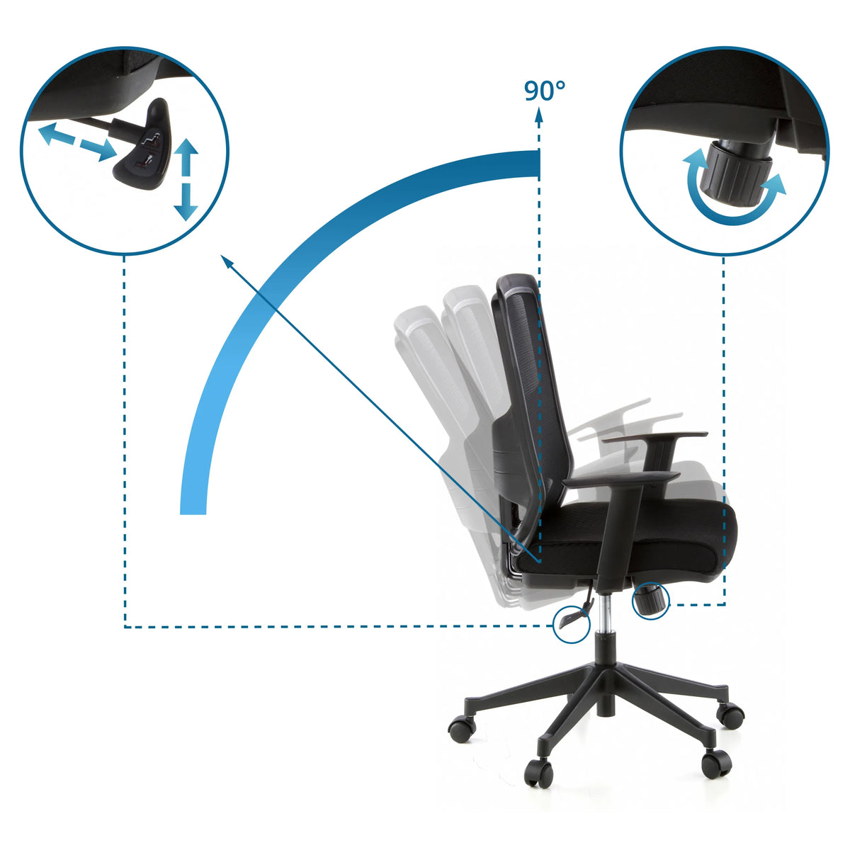 Adjustable backrest with 90-degree recline and 3D armrests of the Professional Office Chair LAVITA by hjh OFFICE